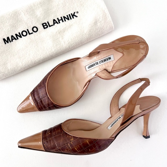 MANOLO BLAHNIK | Vintage SlingBack Pointed Toe Kitten Heel Leather Brown Tan 40 - Picture 2 of 15